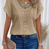 Lace Splicing Crew Neck T-shirt, Casual Short Sleeve Top For Spring & Summer, Women's Clothing