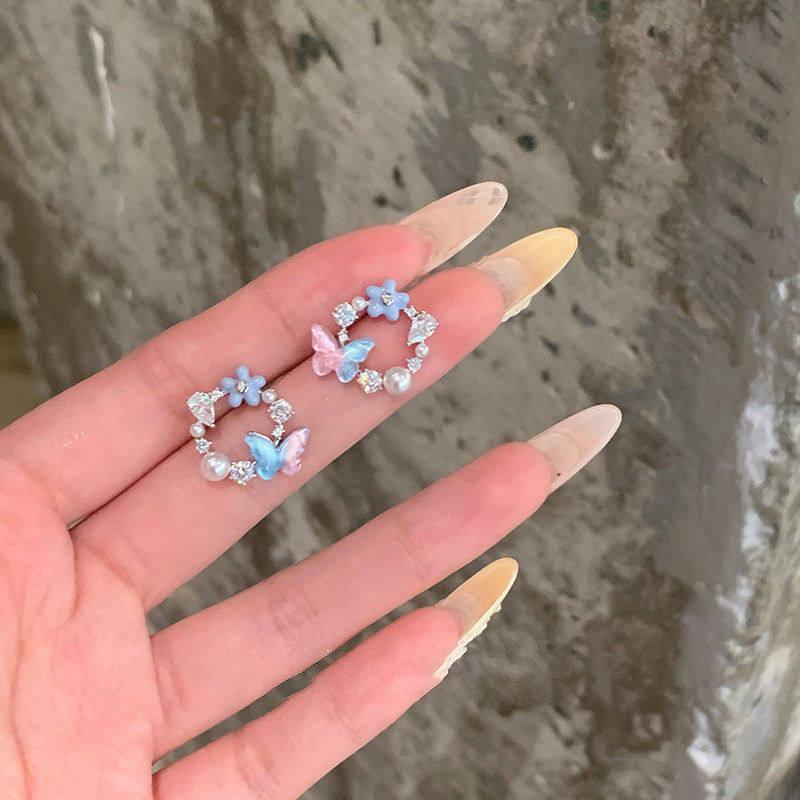 S silver needle zircon pearl earrings women's niche butterfly stud earrings versatile temperament earrings