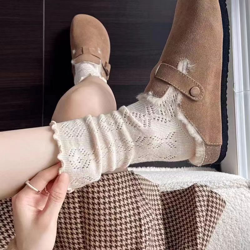Autumn Women's Socks with Lace Trim Hollow-Out Mesh Breathable Slouch Solid Color Trendy and Versatile for Instagram Style Socks