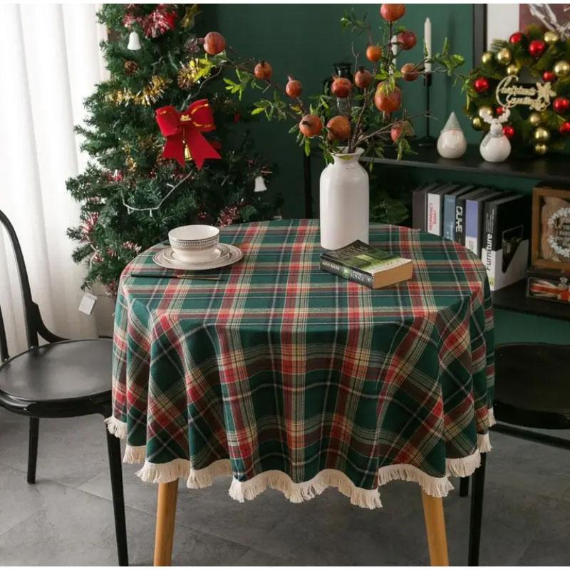 Cotton Christmas Plaid Tablecloth, Soft Plaid Tassel Tablecloth, Washable Round Tablecloth, Christmas Decoration