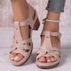 Fashion Women's Summer 2025 New High Heel Sandals Korean Style Fish Mouth Thick Heel Buckle Strap Shoes Large Size Women's Sandals