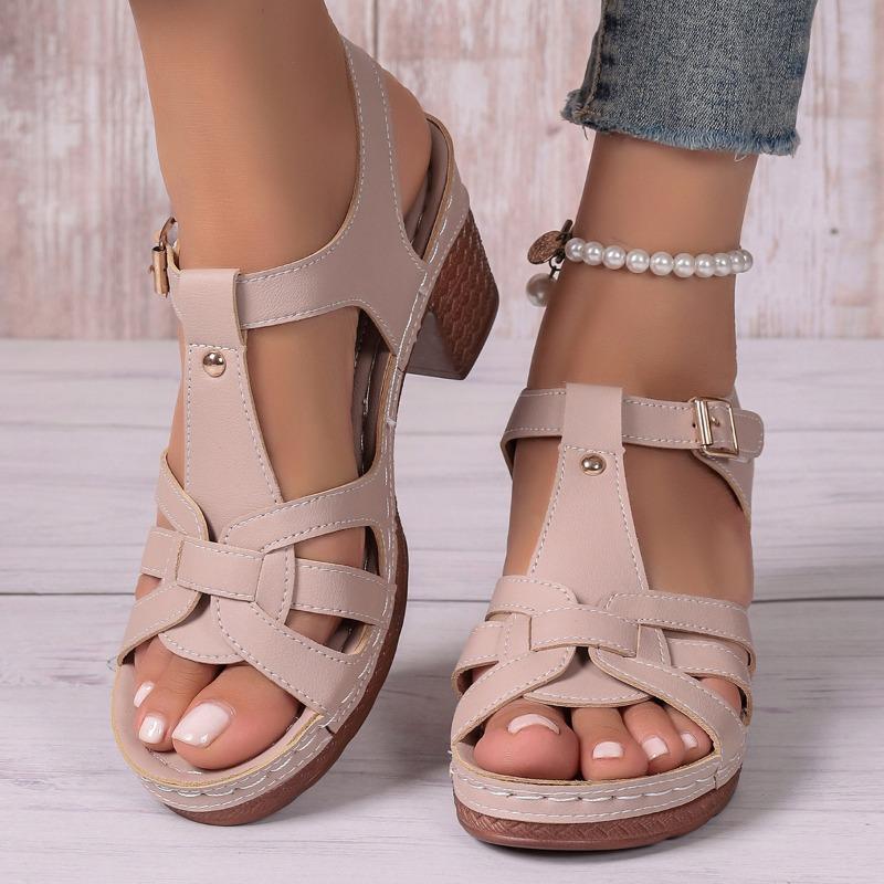 Fashion Women's Summer 2025 New High Heel Sandals Korean Style Fish Mouth Thick Heel Buckle Strap Shoes Large Size Women's Sandals
