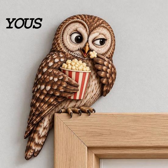 Rustic Farmhouse Bird Door Frame Accent Wooden Owl Topper, Corner Sitter Decor, Whimsical Woodland Animal Natural Inspired Interior Ornament