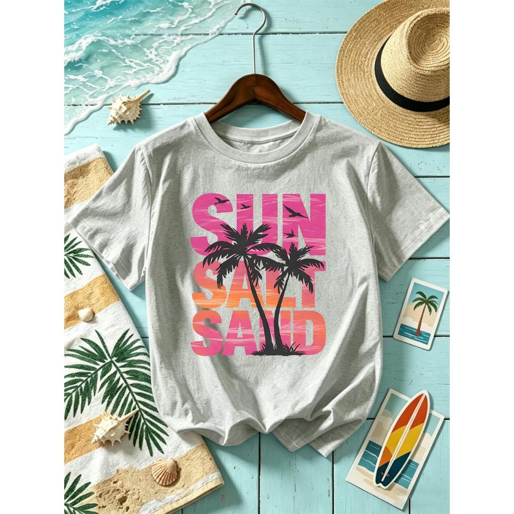 Sun Salt Sand Coconut Tree Prints T-Shirts Womens Summer Short Sleeve T Shirt O-Neck Oversized Tops Basic Soft Clothes