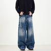 American retro premium feeling washed old lightning pattern jeans men loose straight wide leg baggy long pants