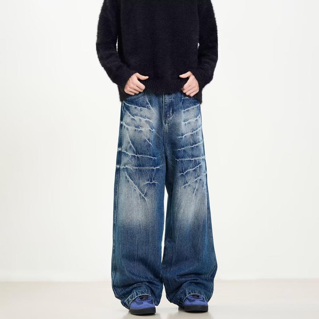 American retro premium feeling washed old lightning pattern jeans men loose straight wide leg baggy long pants
