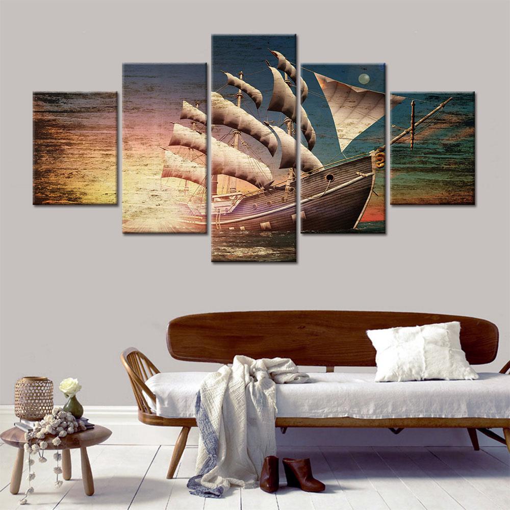 No Framed Canvas 5Pcs Sun Boat Pirate Sailboat Sea Sunset Wall Art Posters Pictures Paintings Home Decor Accessories Decoration