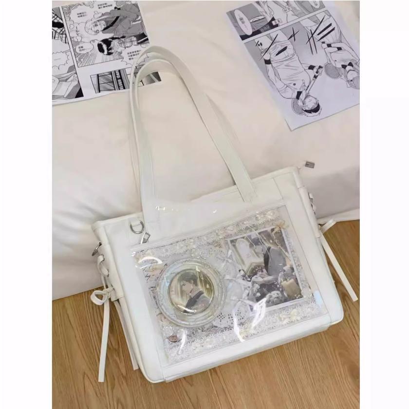 

JIAERDI Harajuku Sweet Cute Bow Tote Bag Women Square Large Capacity Transparent Shoulder Bag Ladies Everyday Anime Ita Bag 2025 35x27x11cm білий
