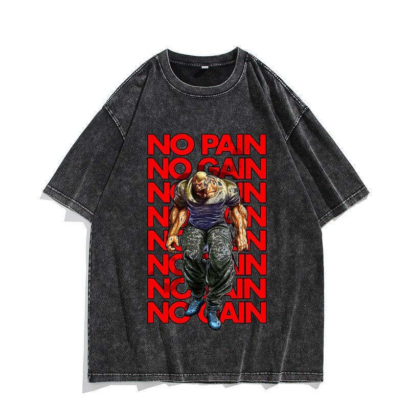 Vintage Washed T Shirt Anime Baki The Grappler Tshirt Hanma Yujiro Gym Short Sleeve Tshirts Oversized Cotton Casual Tee Shirt