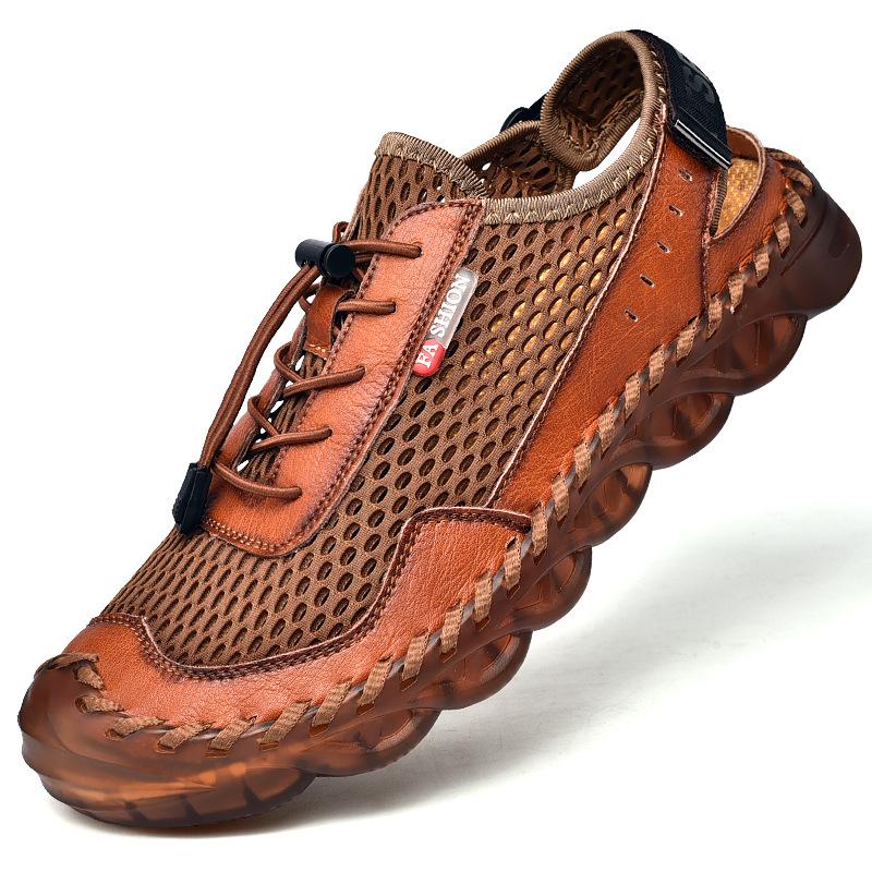 

Leather sandals men s 2024 new men s hollow beach shoes beef tendon sole hand-stitched non-slip wear-resistant soft-soled shoes 46