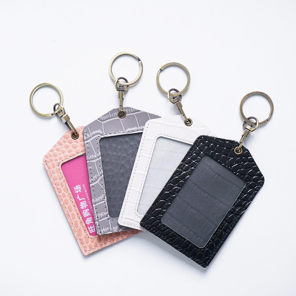Genuine Leather Crocodile Stripes Office Badge Holder Chest Card Bus Card Campus Access Control Student Meal Card Protective Cases with Keychains