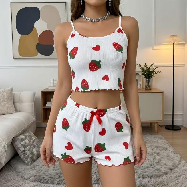 Striped Heart Lingerie Camisole & Shorts Pajama Set for Women - Summer Home Wear, Two-Piece