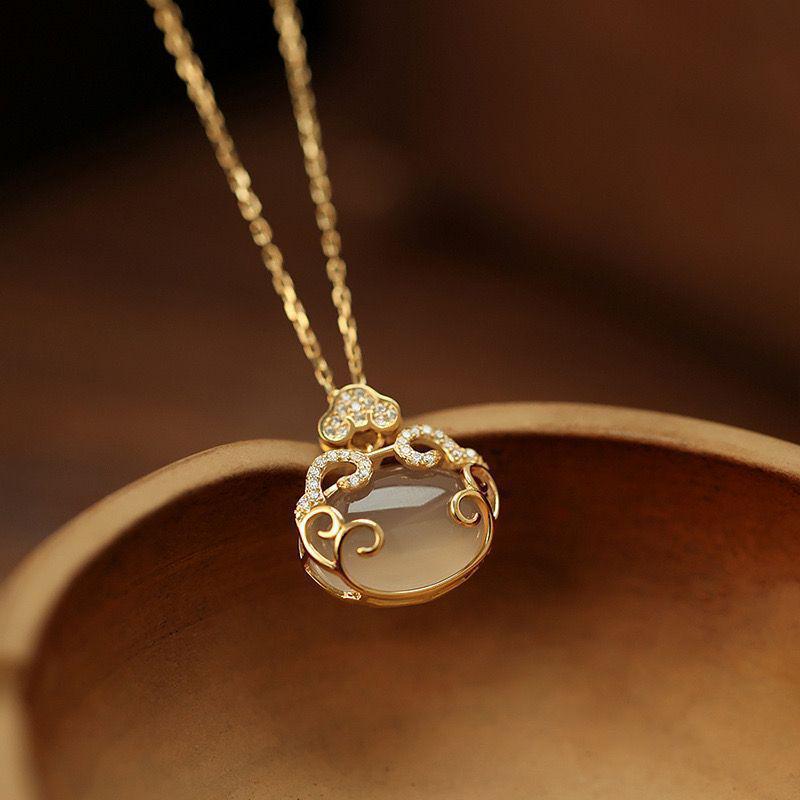 Ruyi Ping An Auspicious Clouds Chalcedony Necklace - Retro Chinese Longevity Pendant with High-End Luxury Feel.