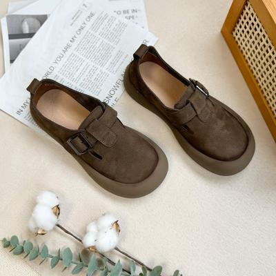Autumn New Single Shoes First Layer Cowhide Comfortable Round Head Flat Bottom Thick Sole Retro Handmade Single Shoes Hair
