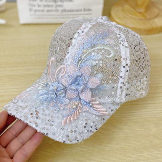 Women Mesh Baseball Cap Sequin Sun Hat Sports Hollow Floral Breathable Summer белый