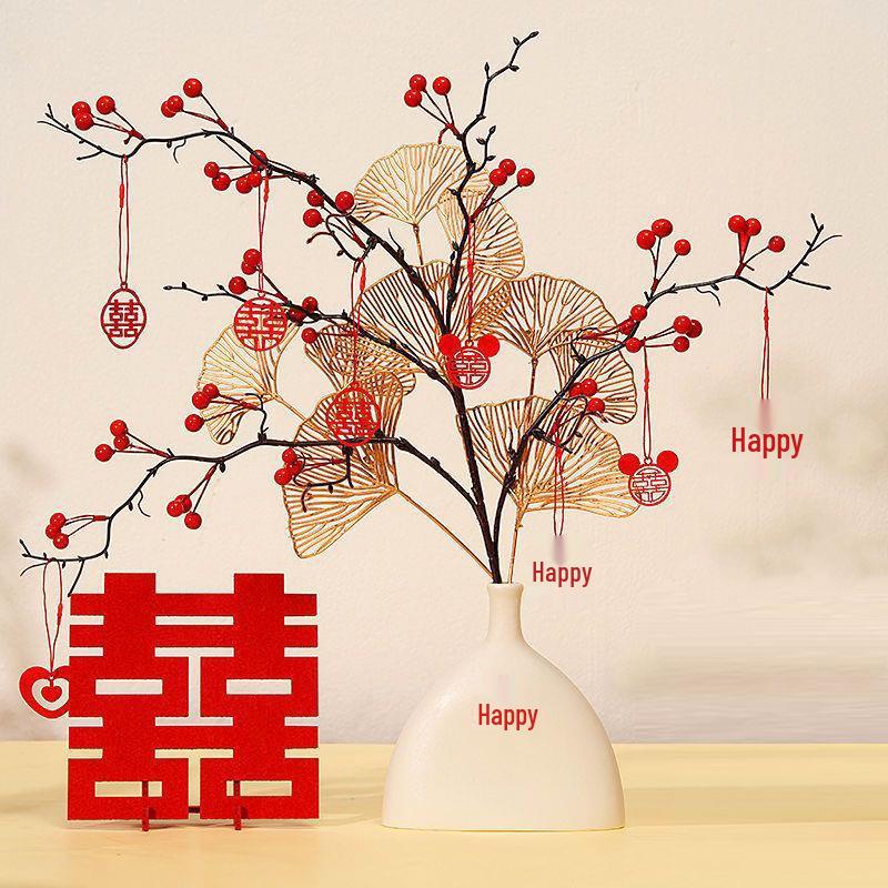 Red Fruit Prosperity Flower Arrangement Figurine for Wedding and Living Room Decor