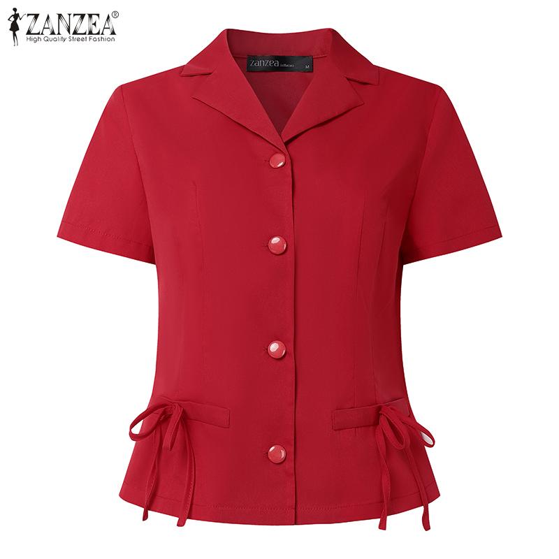 ZANZEA Women Turn Down Collar Summer Short Sleeve Blouse