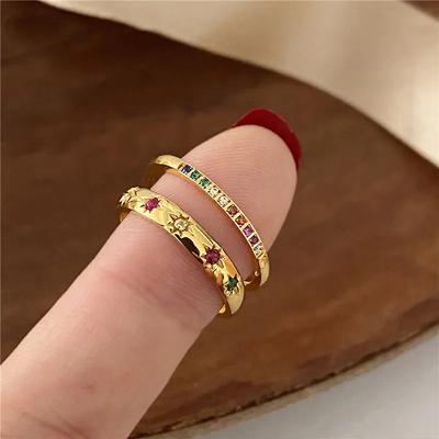 2 STUKS/Set Roestvrij Staal Regenboogkleur Zirkonia Vingerringen voor Vrouwen INS Goudkleur Waterdicht Sterren Ring Zirkonia