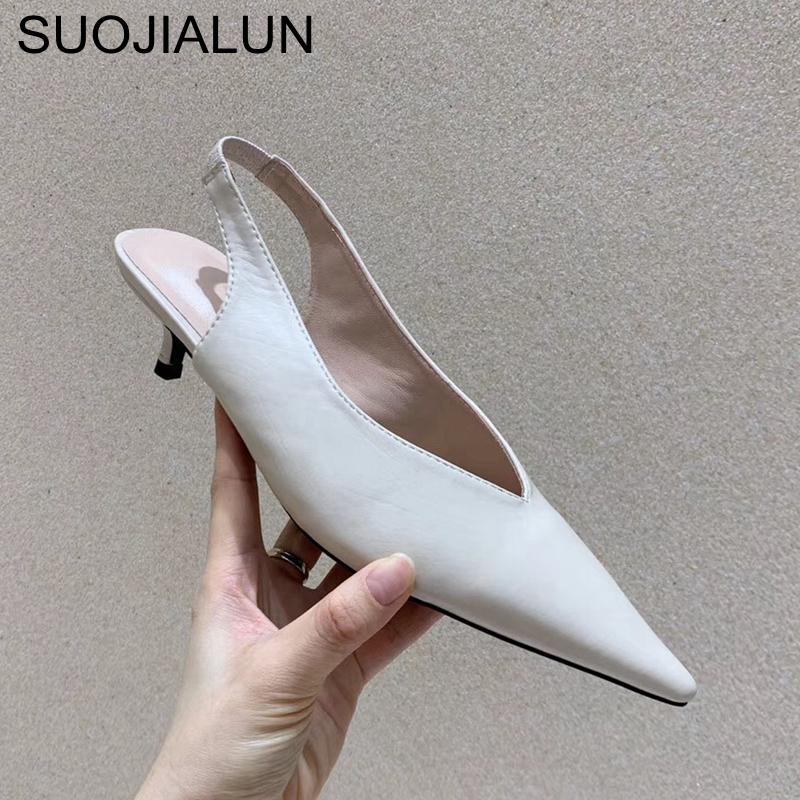 Fashion SUOJIALUN Fashion Brand Sandals Mules Women Shallow Mouth Pointed Toe Shoes Low Heel Slip On Slides Slipper Shoes