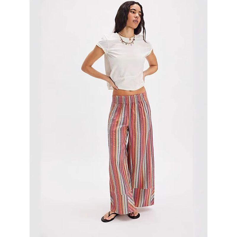 

Women Striped Wide Leg Pants Elastic Waist Loose Trousers Pink S