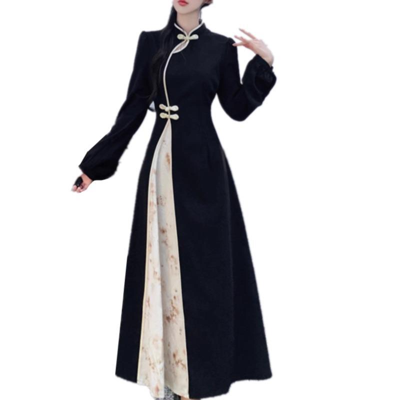 New Year Cheongsam with Frog Buttons: Women's Plus Size Long Dress with Patchwork and Dark Patterns