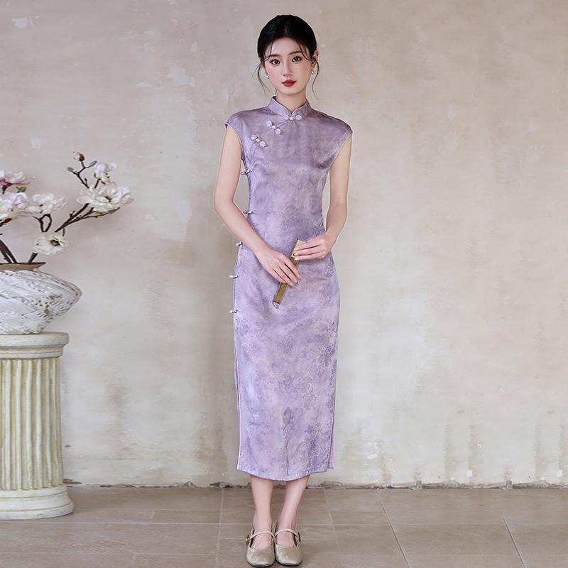 Purple Sleeveless Long Cheongsam Dress Women Vintage Inspired Modern Fit Retro Style Medium