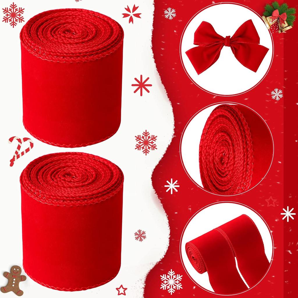 2 Rolls 2.5 Inch 10 Yards Christmas Velvet Ribbon Single Face Christmas Plain Velvet Ribbon for Gift Wrapping Crafts Xmas Wreath Tree Decor(Red)