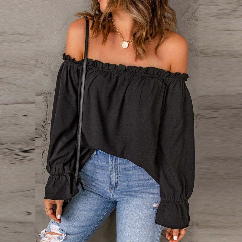 

Сексуальные топы с открытыми плечами, женская рубашка, весенне-осенняя модная шифоновая блузка с вырезом в горловине, однотонная женская одежда 25086 L чёрный