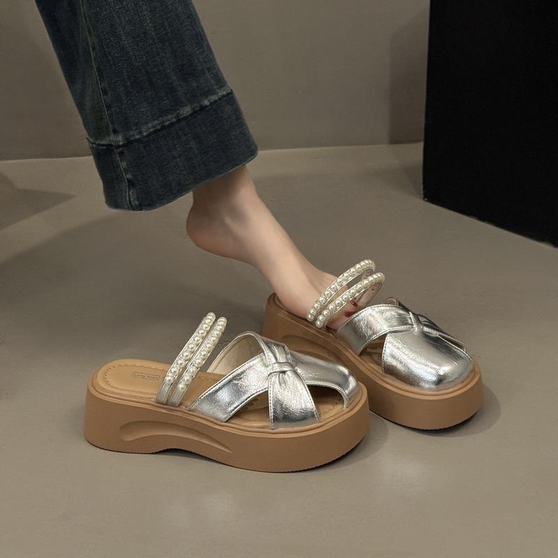 Fashion platform slippers fairy wind pearl bag head cool summer retro beach shoes soft sole bow Roman sandals