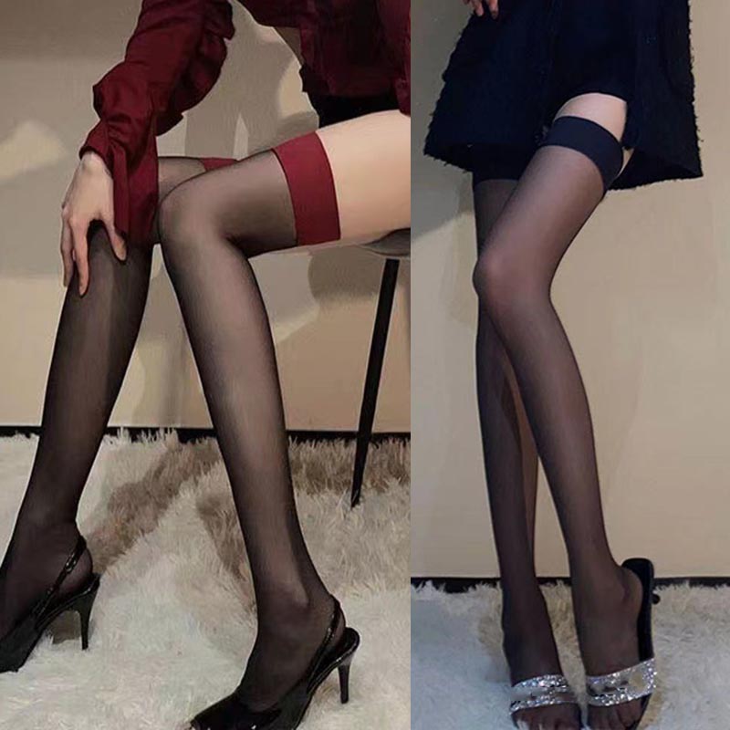 Sexy Black Red Wide Band Sheer Thigh High Stockings, Ultra Thin Knit Anti Slip See Through Long Socks Women Daily Party Hosiery