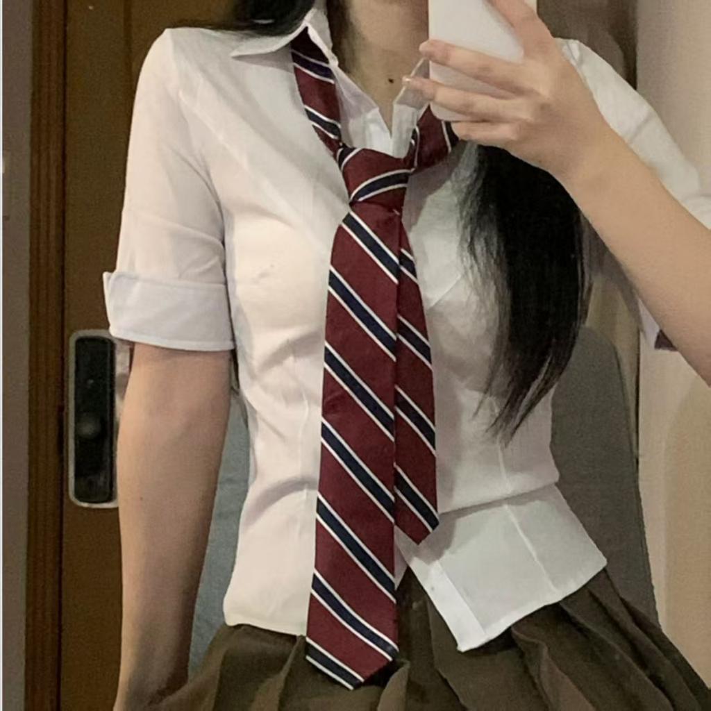 Women's Two Piece Outfit Short Sleeve Blouse V-Shaped Waist Pleated Skirt Preppy Academy Style JK Uniform Matching Set