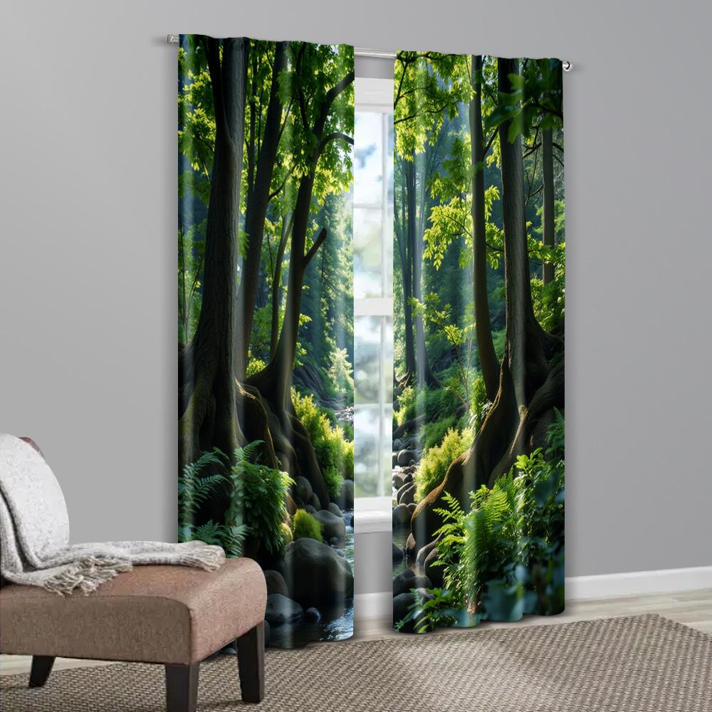 2pcs   Popular Curtain Panels Green Forest Print Versatile 100% Polyester (without rod) All Seasons Use for Kitchen Living Room