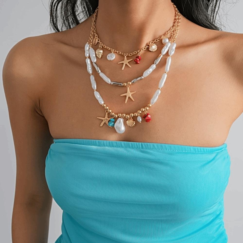 Ornaments Bohemian Shell Necklace Zinc Zinc Alloy Pearl Starfish Beach Pendant Shell Starfish Necklace Beach