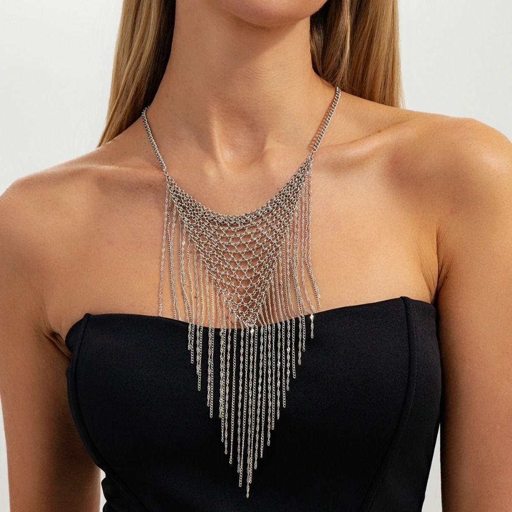 Charm Multi Layer Necklace Silver Metal Chain Mesh Choker Simple Bohemian Collarbone Chain  Women