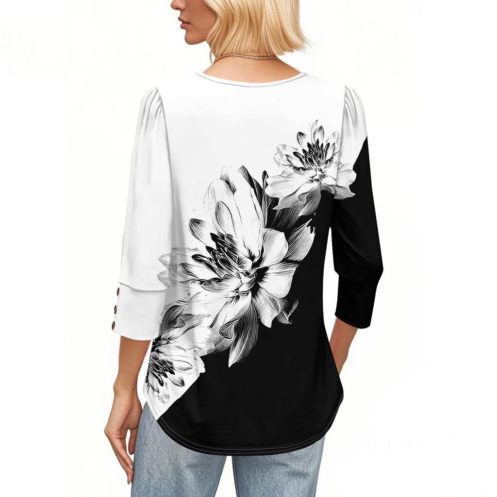 Women's Fashion Casual Vintage Floral Print Round Neck Sevenfold Sleeve T-shirt Top