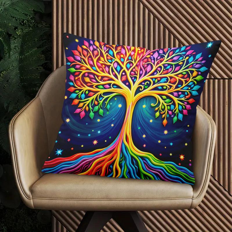 Colorful Tree Of Life Pillow Cover 2D Printed Polyester Sofa Cushion Case For Home, Beach & Camping Decor