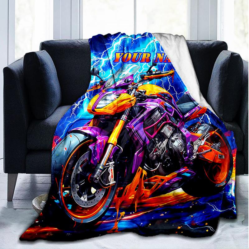 1PC Custom Name Electric Motorcycle Thunder outdooor Flannel blankets Patterns Throw Blanket All-Season Soft Gift for Couch, Bed, Camping gifts