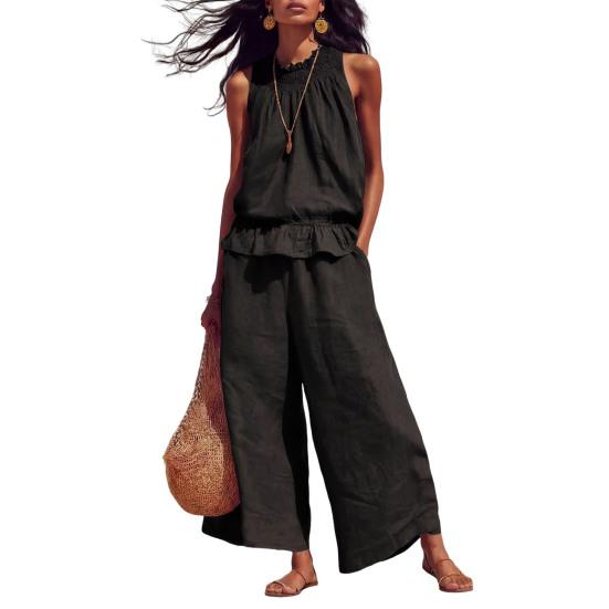 2 Stück/Set Sommer Damen Outfit Western-Stil Vintage Bohemian Rüschen Baumwoll-Leinen Anzug Mode Lockerer Anzug
