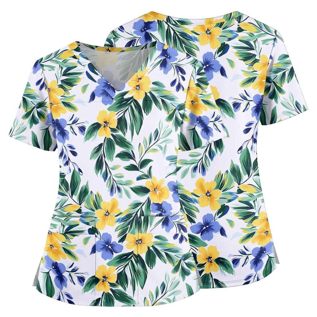 Floral Print V Neck Medical Scrub Top with Pockets Side Slits Short Sleeve Nurse Uniform Shirt for Women Comfortable Fit