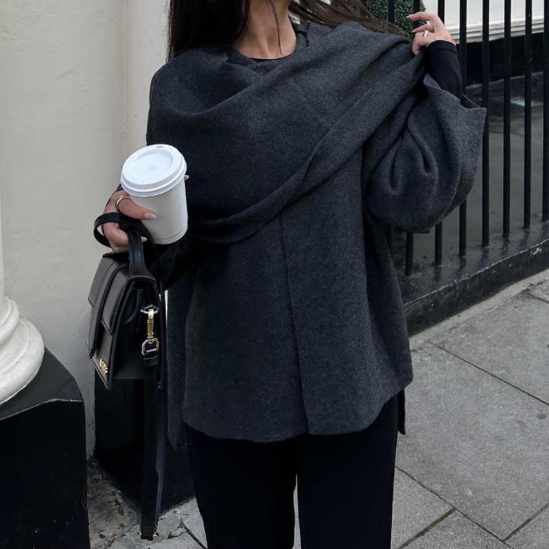 Manteau tricoté élégant pour femme, écharpe décorée, automne, décontracté, solide, irrégulier, ample, chaud, pardessus, hiver, nouveau design, vêtements esthétiques chics
