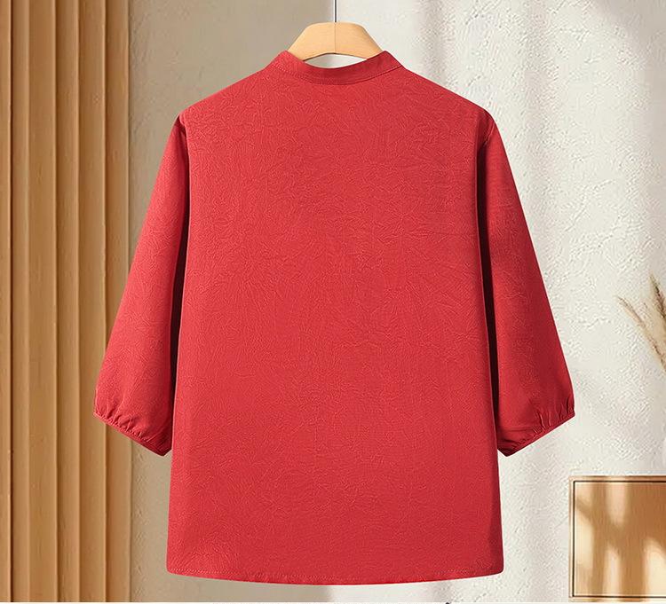 Plus-Size Chinese Style Seven-Sleeve Cardigan Shirt for Middle-Aged and Elderly Women