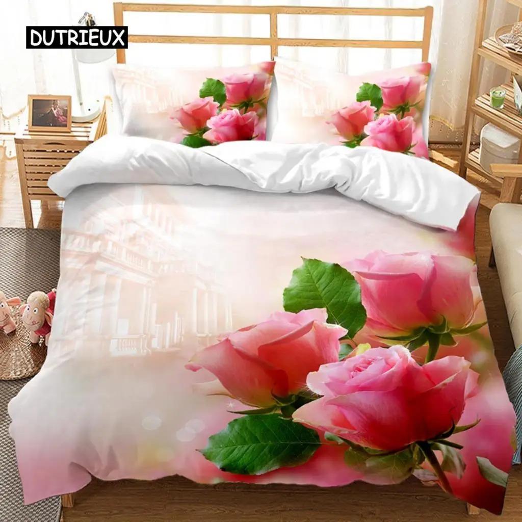 Rose Luxurious Pink Rose Pattern Bedding Set with Microfiber Material for Girls and Women