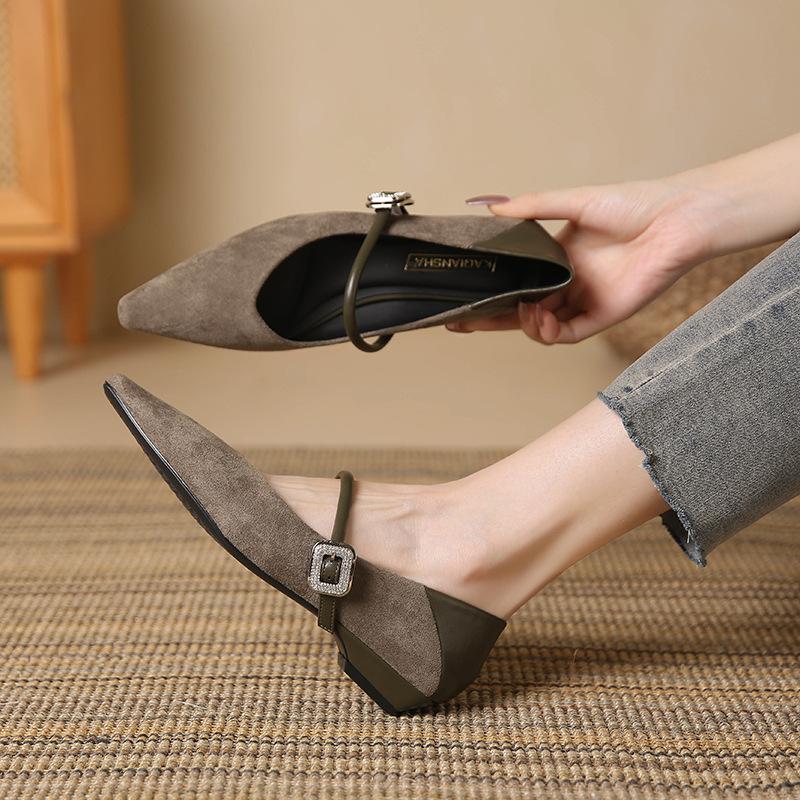 Fashion Elegant Wedge Heel Mary Jane Shoes Women Sexy Pointed Toe Metal Buckle Strap Design Flats Comfortable Faux Suede Women Footwear