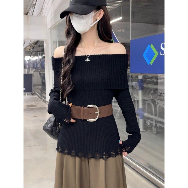 Kumikumi Design Sense Solid Temperament off-Shoulder Long sleeve Knit Women Autumn Waist Hugging Slimming Versatile Top