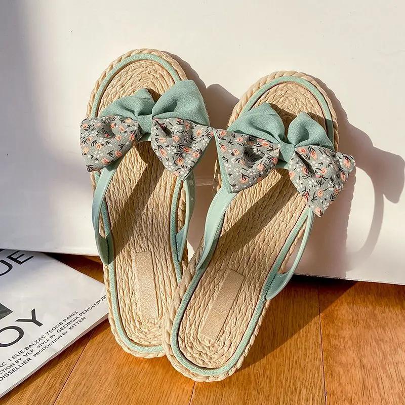 Fashion Slides Open Toe Bow Flip Flops Women's Slippers and Ladies Sandals Outside Shoes on Beach 2024 Flat Pvc 39 Promotion Top Designs