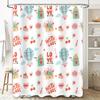 Love-themed shower curtain with cute cartoon prints for bathroom decor pink hearts, balloons, cake, and candy designs in pastel