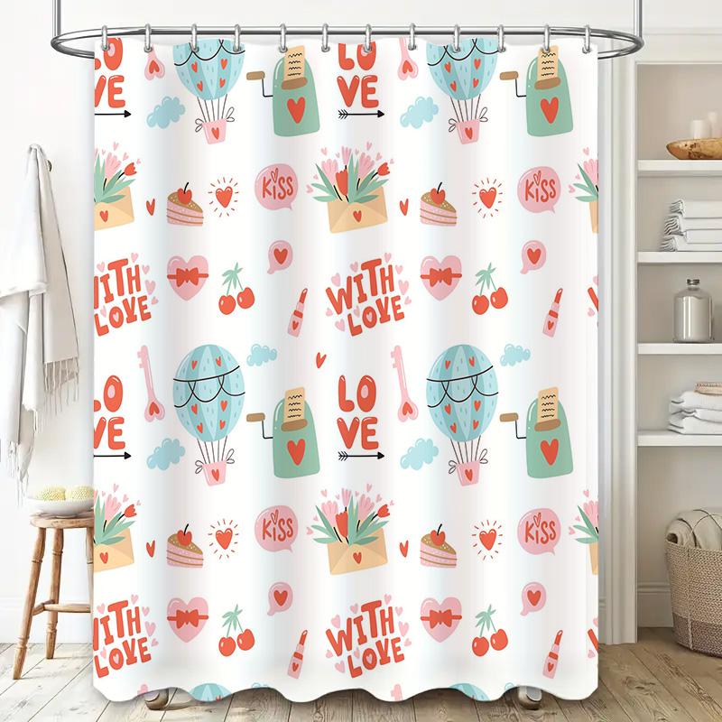 Love-themed shower curtain with cute cartoon prints for bathroom decor pink hearts, balloons, cake, and candy designs in pastel