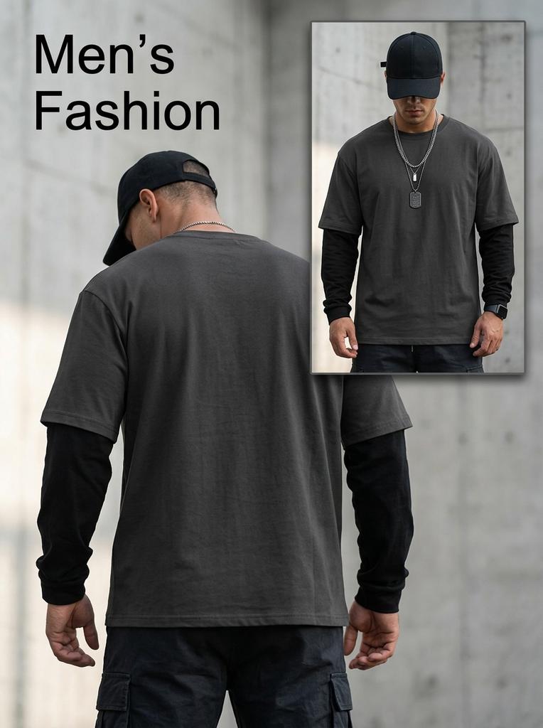 Mens Faux Layered Long Sleeve T Shirt, Casual Weekend Lounge Tops, Classic Fit for Relax Walk Outdoor Errands Commute Daily Leisure Wear