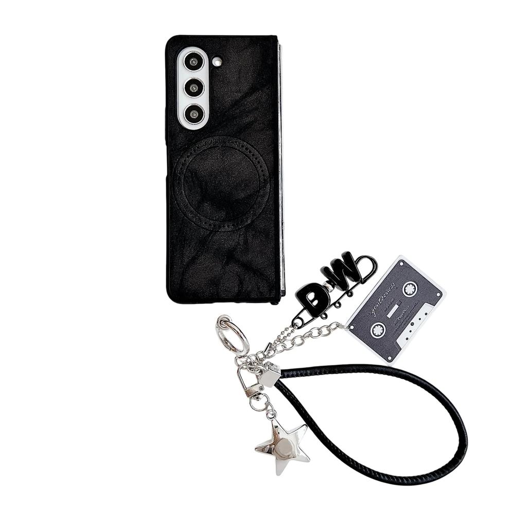 Magnetic Wrist Strap Cute Stars Wireless Charging PU Leather Phone Case for Samsung Galaxy Z Fold 6 5 4 3 Protective Cover