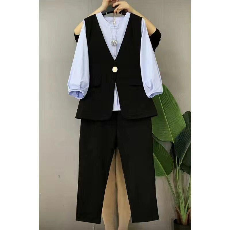 Trendy Plus Size Women's Slimming Three-Piece Set: Lantern Sleeve Shirt, Versatile Vest, and Pants